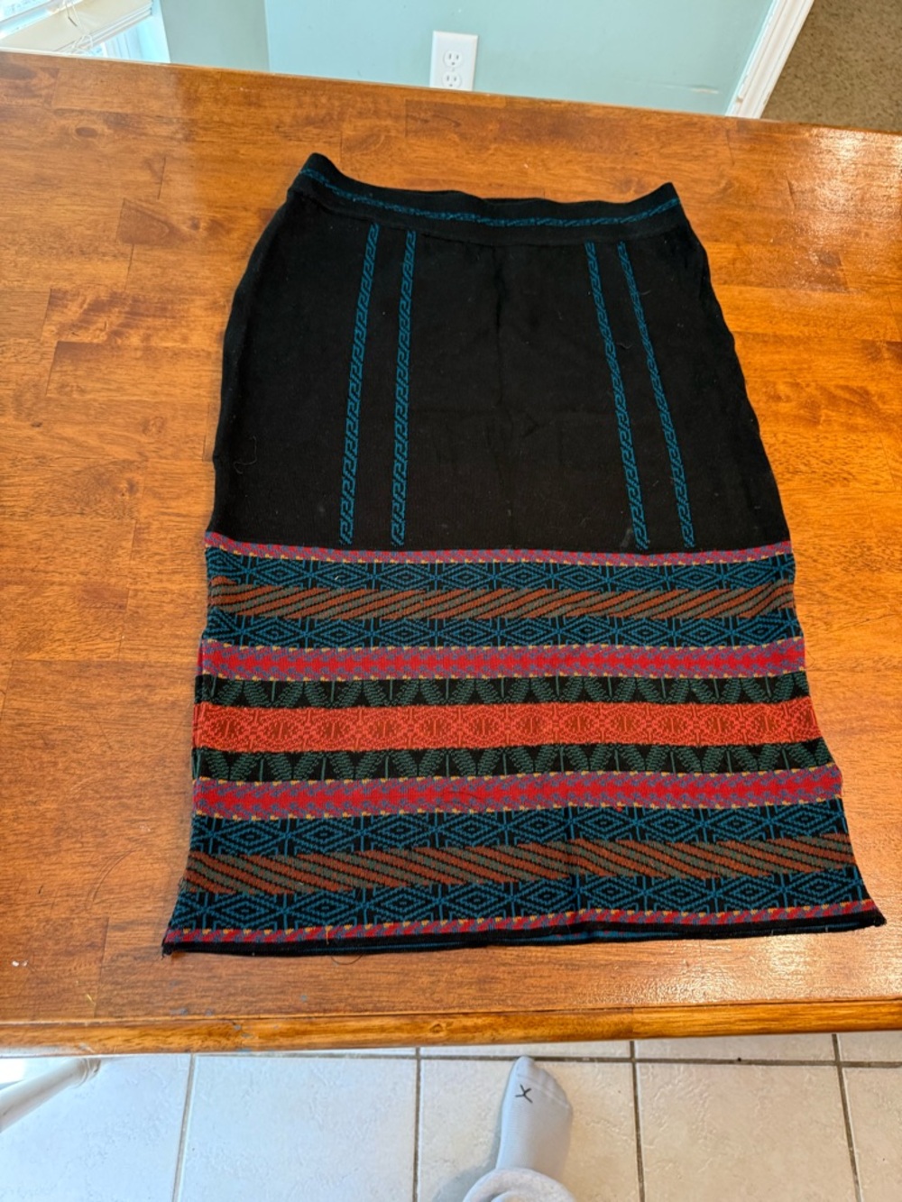 Peruvian Connection Black Midi Skirt with Teal, Rust & Pink Patterned Hem